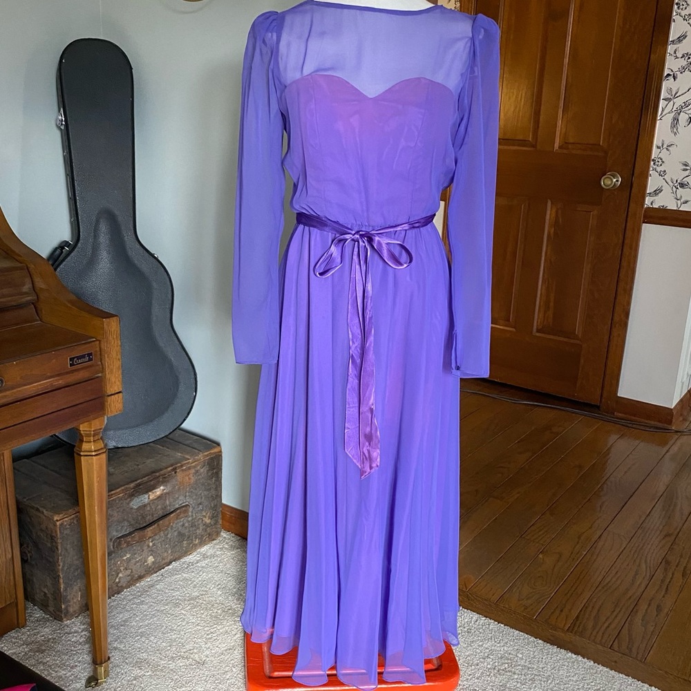 Vintage Dessy Creations purple gown bustier sheer chiffon bodice sleeves size 4